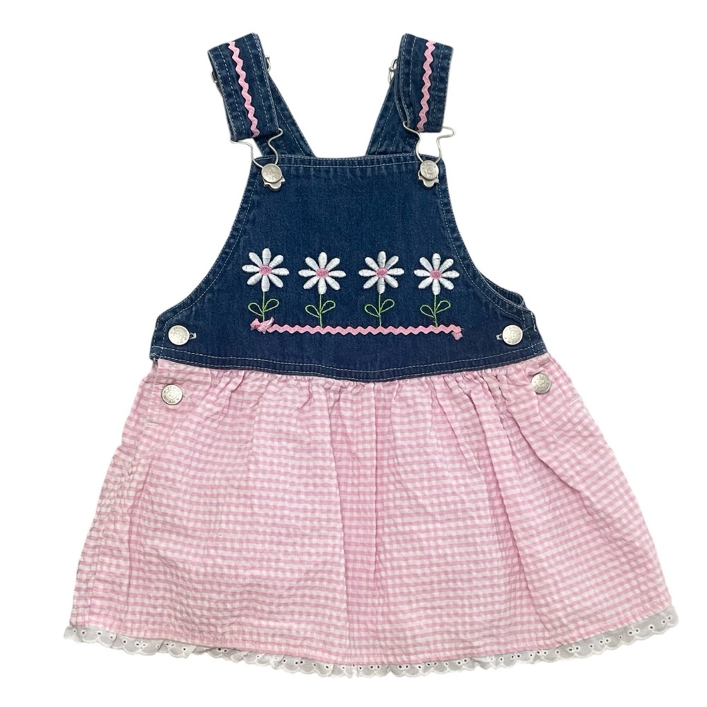 VintageToddler Girls Denim Gingham Embroidered Floral Overall Dress